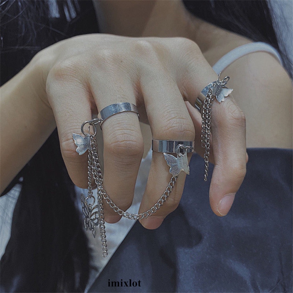 Nhẫn Dạng Hở Hình Bướm Phối Dây Xích Cá Tính Sáng Tạo Có Thể Điều Chỉnh Cho Nam Nữ