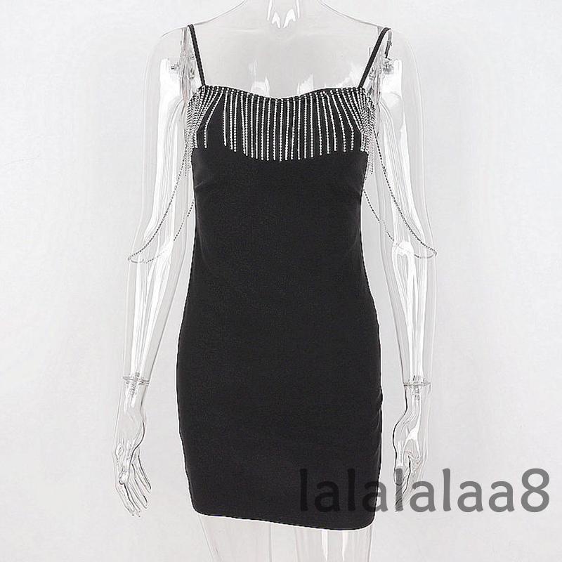 LAA8-Women’s Casual Suspender Fashion Solid Color Tassel Chain Boat Neck Skinny Dress