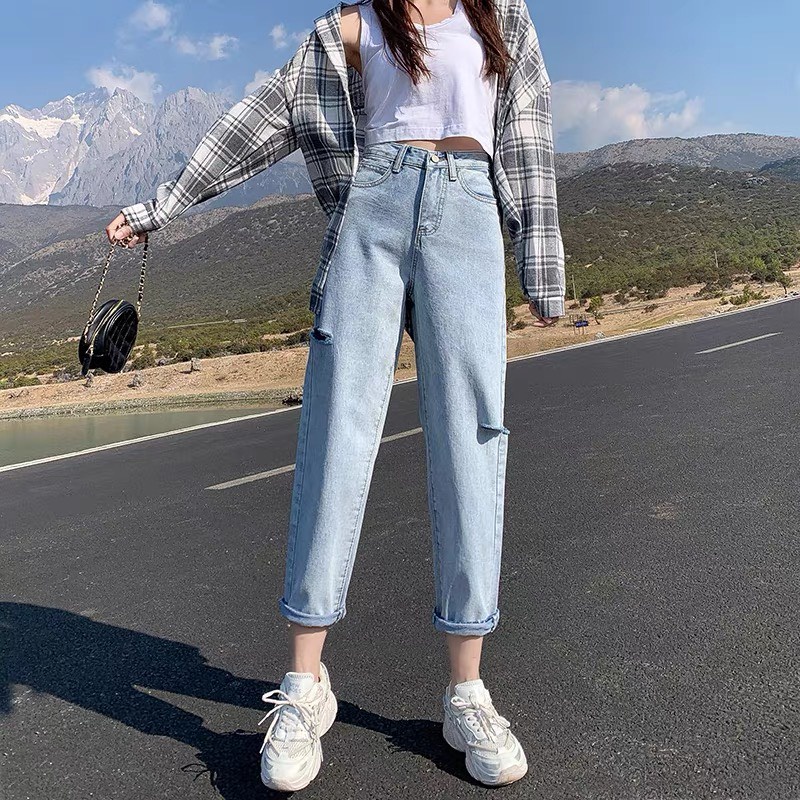 Quần jean nữ phom baggy phong cách hàn quốc, màu xanh nhạt, kiểu rách cạnh đủ size