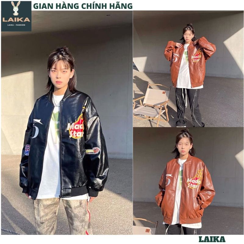Áo khoác bomber da 2 màu đen nâu - áo bóng chày thể thao nam nữ UNISEX from rộng jackit ulzzang hàn quốc - LAIKA