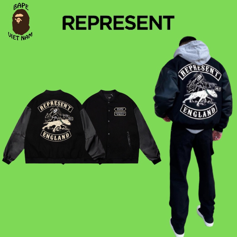 [Best Quality] Áo Khoác REPRESENT Varsity Jacket, Áo Varsity REPRESENT chất liệu dạ, tay da, màu đen BapeVN