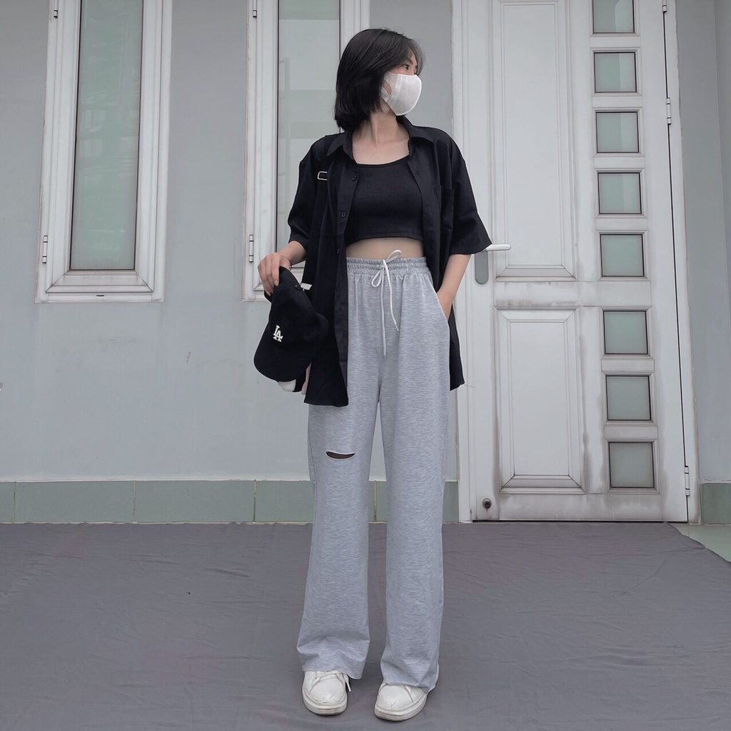 Quần Ống Rộng Chất Da cá Rách Đùi Ulzzang Unisex