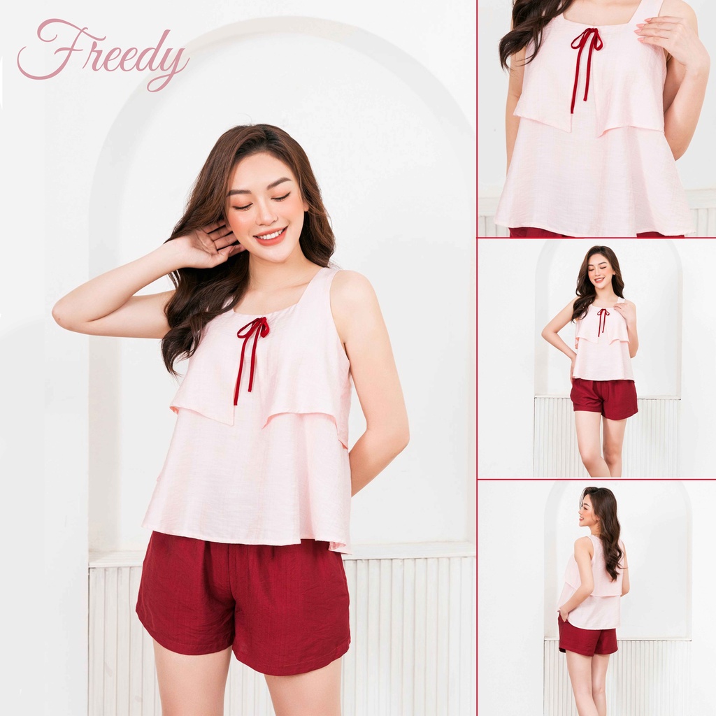 Đồ ngủ nữ Freedy-Bộ sát nách 2 tầng đính nơ -BS1267