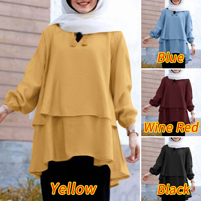 Áo kiểu nữ ZANZEA cổ chữ V tua rua hai lớp màu trơn cho phụ nữ hồi giáo