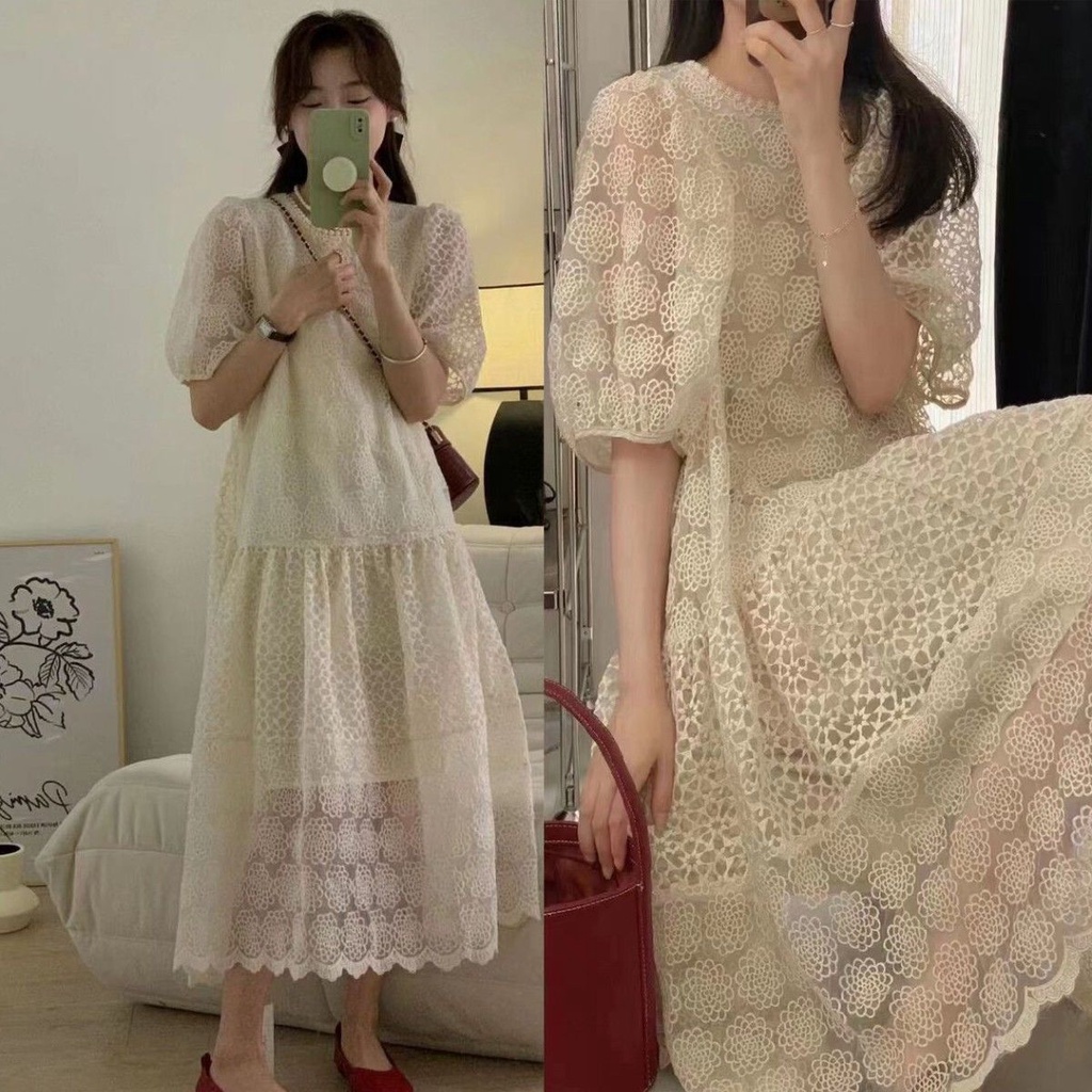 Đầm midi  Công Chúa Phối Ren Tay Phồng Phong Cách Pháp Thời Trang Mùa Hè Hàng Mới 2023 Dành Cho Bạn Nữ
