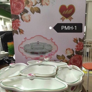 Khay mứt sứ 5 ngăn, nắp kính PMH 1