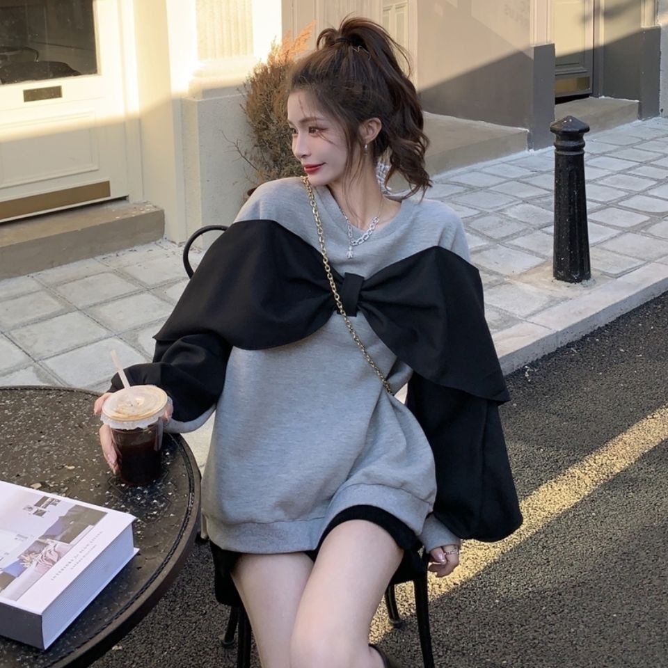 Áo kiểu COZOKC tay dài dáng rộng phối nơ màu tương phản phong cách Hàn Quốc