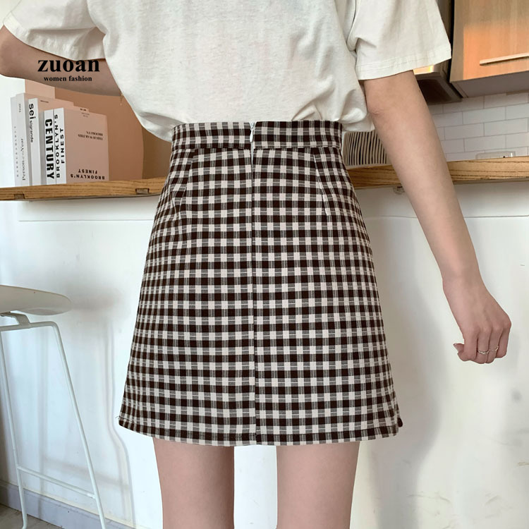 Chân váy SUXI chữ A eo cao hoa văn kẻ ô phong cách hàn quốc dành cho nữ