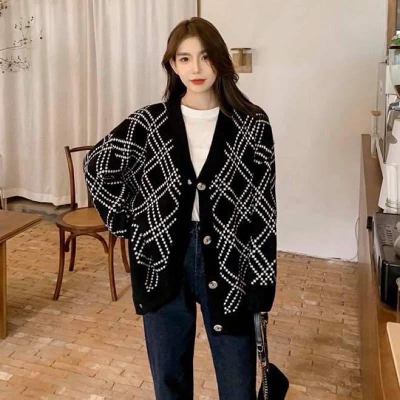 Áo khoác cardigan len tay dài oversize form rộng dày dặn sọc caro retro - Order taobao quảng châu