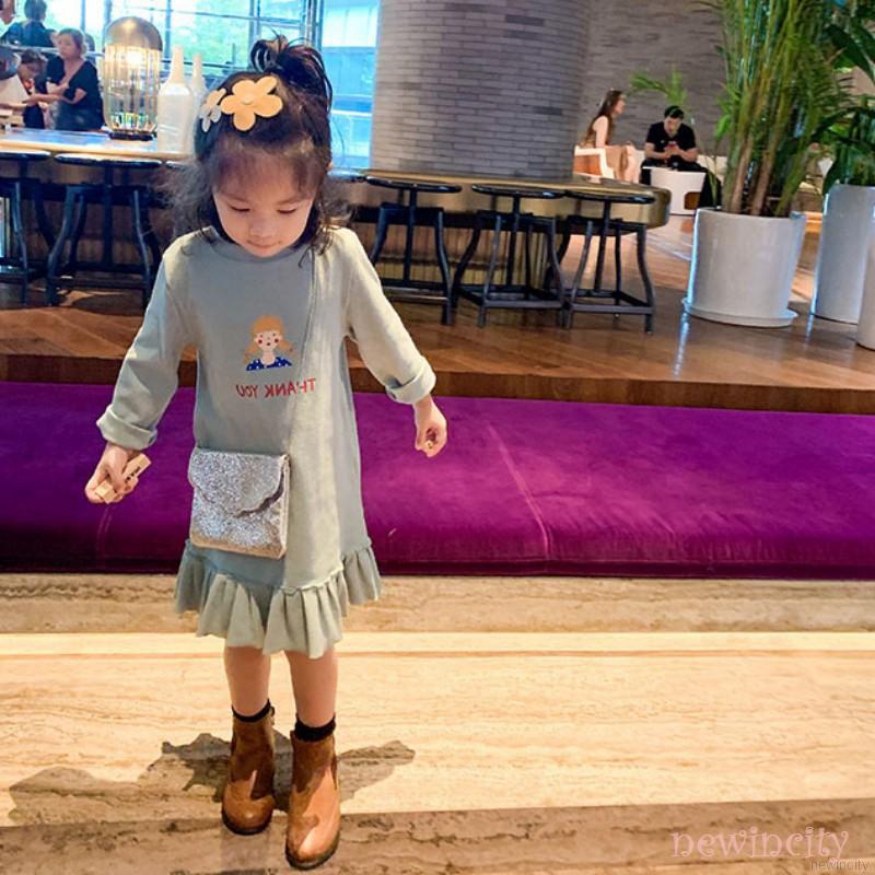 Korean Girls Cotton Dress Kids Spring Autumn Cute Cartoon Print Princess Long-Sleeved Sweet Dress