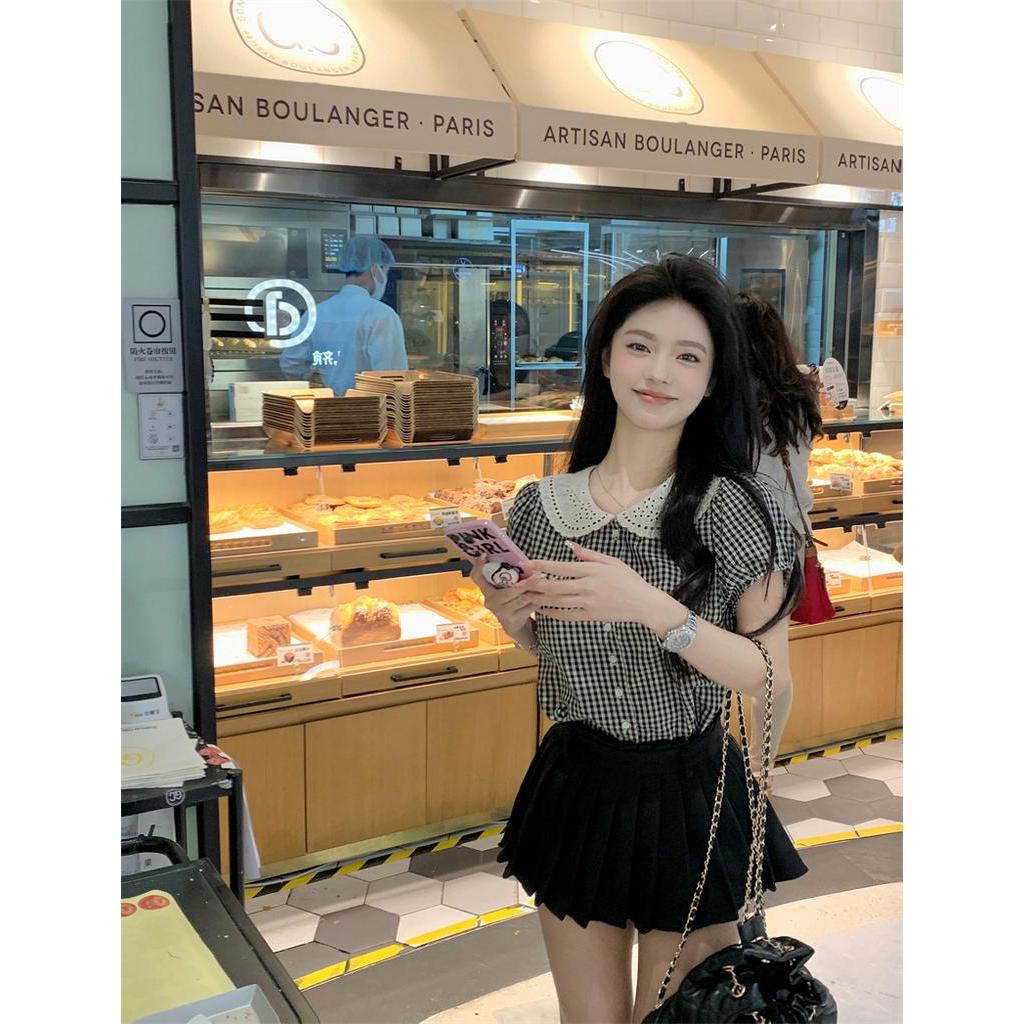 Áo Sơ Mi Kẻ Ô Cổ Tròn Ngắn Tay Phong Cách Hàn Quốc Mới 63694