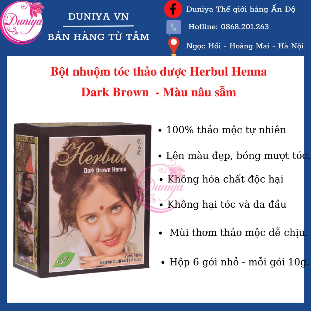 Bột Nhuộm Tóc Herbul Henna Dark Brown - Màu Nâu Sẫm [TẶNG GĂNG TAY + MŨ TRÙM ĐẦU]