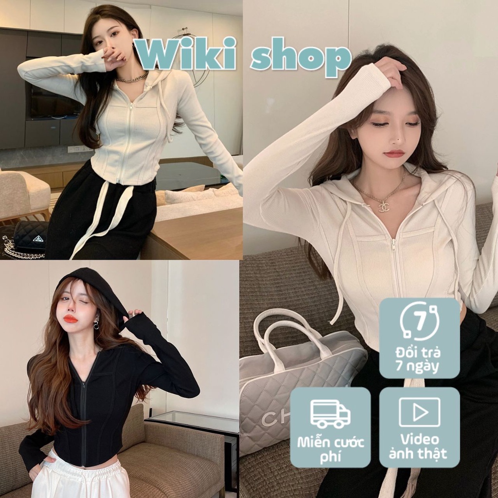 Áo khoác croptop, áo khoác hoodie zip có mũ dáng lửng freesize phom ôm body mùa đông basic hàn quốc Wikishop C1097
