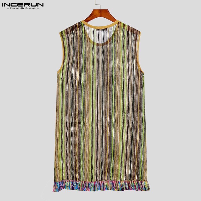INCERUN Áo Ba Lỗ Dáng Dài Phối Tua Rua Xuyên Thấu Kẻ Sọc Nhiều Màu Cá Tính Cho Nam