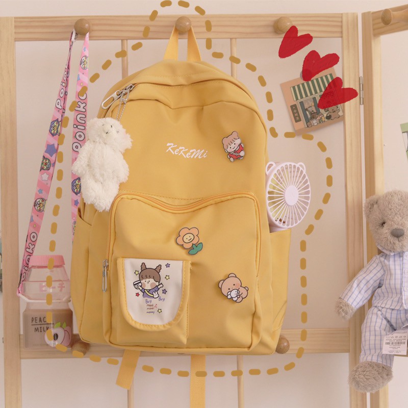 Balo ulzzang dễ thương kèm sticker và móc treo gấu bông [CÓ SẴN]