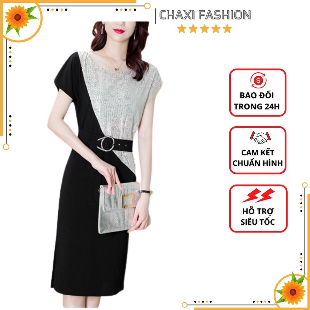 HÀNG NHẬP - ĐẦM BODY KIM SA PHỐI MÀU KÈM BELT SIÊU SANG - LS124290