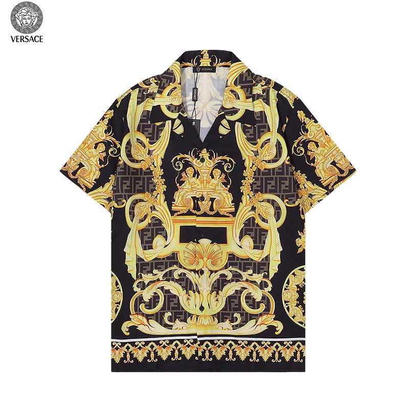 Áo Sơ Mi Ngắn Tay Dáng Rộng In Biểu Tượng Versace Màu Vàng Đen Bắt Mắt Sang Trọng Giản Dị