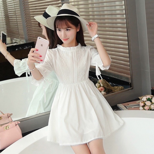 Đầm váy babydoll trắng tay nơ (kèm hình thật)