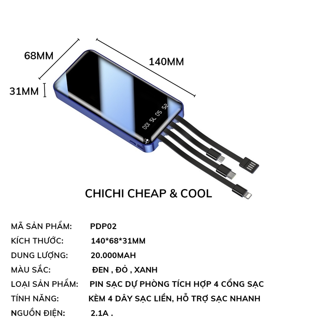 Sạc Dự Phòng 20000mAh cao cấp kèm dây nhỏ gọn giá rẻ sạc nhanh ChiChi PDP02