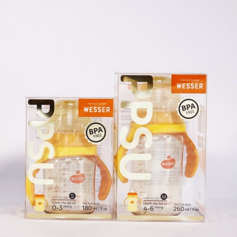 (Thanh lý bình +tay cầm) Bình Sữa PPSU Wesser cổ rộng size 180ml / 260ml