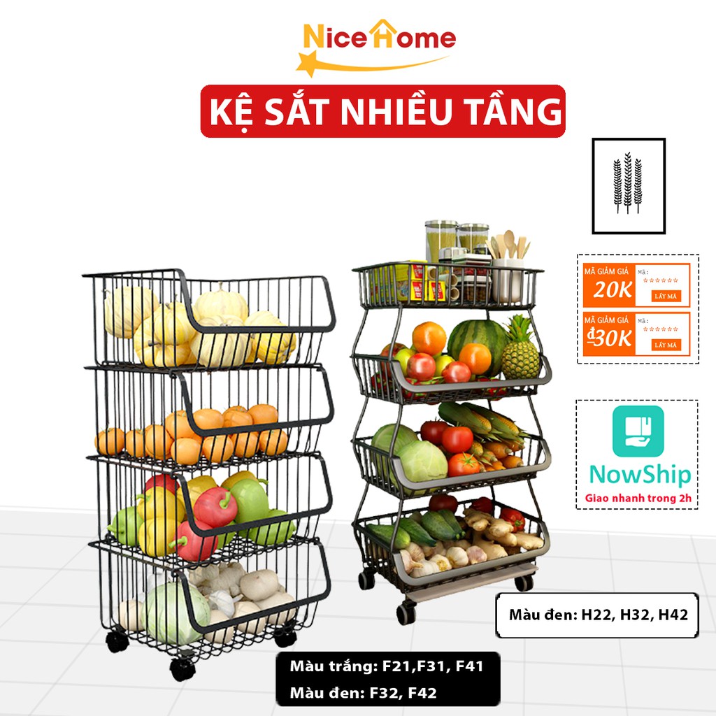 Kệ sắt nhiều tầng để đồ dùng nhà bếp, giá đựng hoa quả, rau củ, gia vị tiện dụng