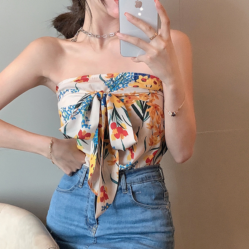 IELGY  Áo Ống Hai Dây Ngắn In Hoa Mùa Hè Nóng Bỏng Cho Nữ