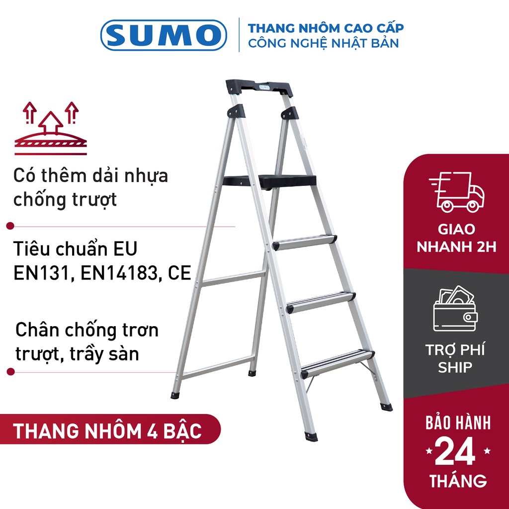 Thang nhôm ghế 4 bậc tay vịn gấp gọn cao 1,5 mét nhập khẩu Sumo ADS-604- thang xếp chữ A gia đình đa năng-bảo hành 2 năm