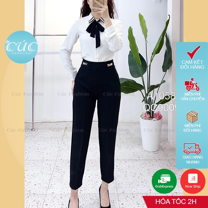 Áo sơ mi nữ Cúc Fashion somi dài tay cao cấp vải lụa đen trắng đẹp thời trang công sở đi du lịch cổ đức nơ phối A1058