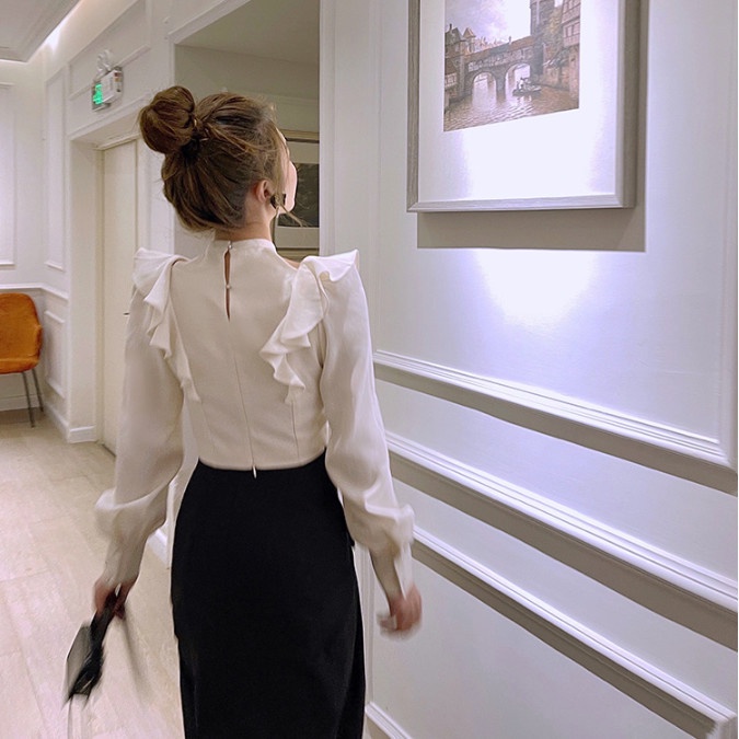 Set áo sơ mi thắt nơ/ chân váy dài lưng cao thiết kế mới phong cách Hàn Quốc thời trang mùa xuân cho nữ 2021