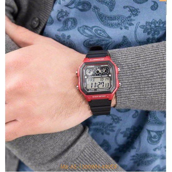 Đồng hồ nam CASIO AE-1300WH-4AVDF Dây nhựa đen - Viền đỏ - Pin 10 năm - Chống nước , bảo hành 12 tháng