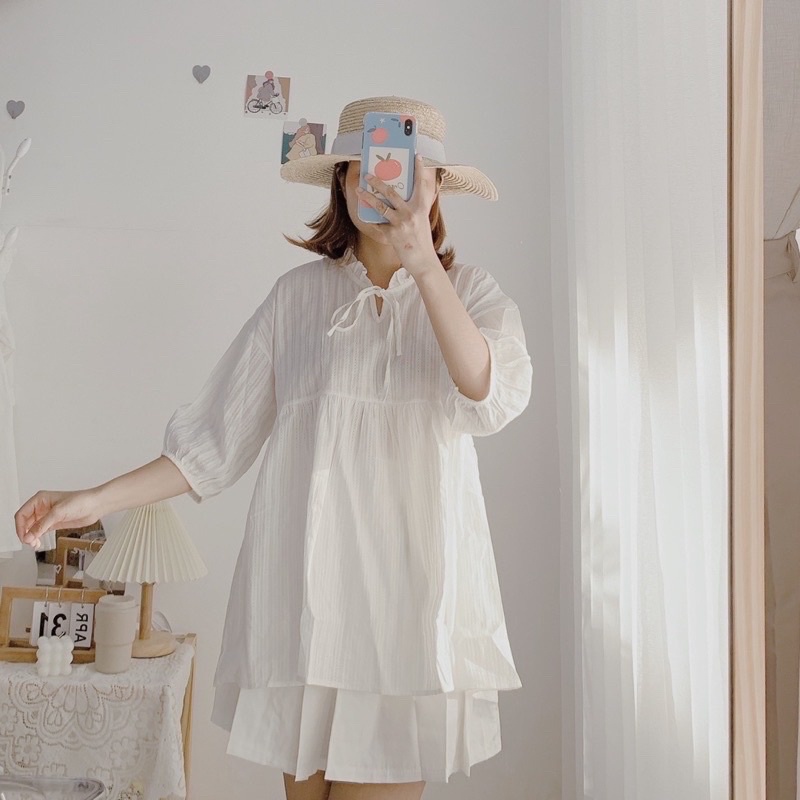 Set Áo Babydoll Trắng Kèm Chân Váy Trắng Xếp Li | BigBuy360 - bigbuy360.vn