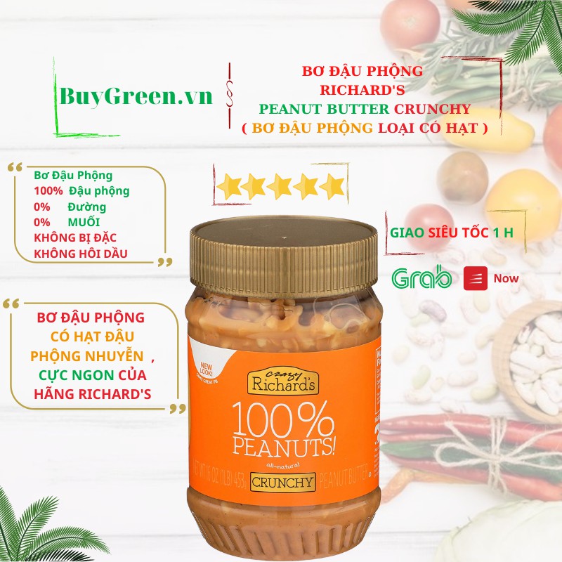 [NEW] BƠ ĐẬU PHỘNG PEANUT BUTTER CRUNCHY( CÓ HẠT) CAO CẤP RICHARD'S 100% đậu phộng