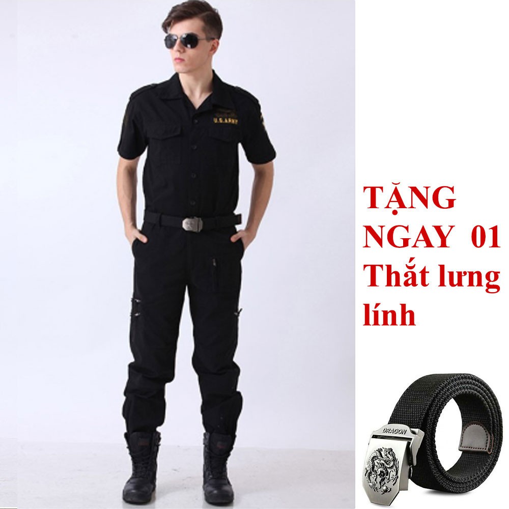 Bộ quần áo ngắn tay  nam kaki lính Mỹ - hàng cao cấp (đen) + Tặng thắt lưng vải lính (xanh/đen) | BigBuy360 - bigbuy360.vn
