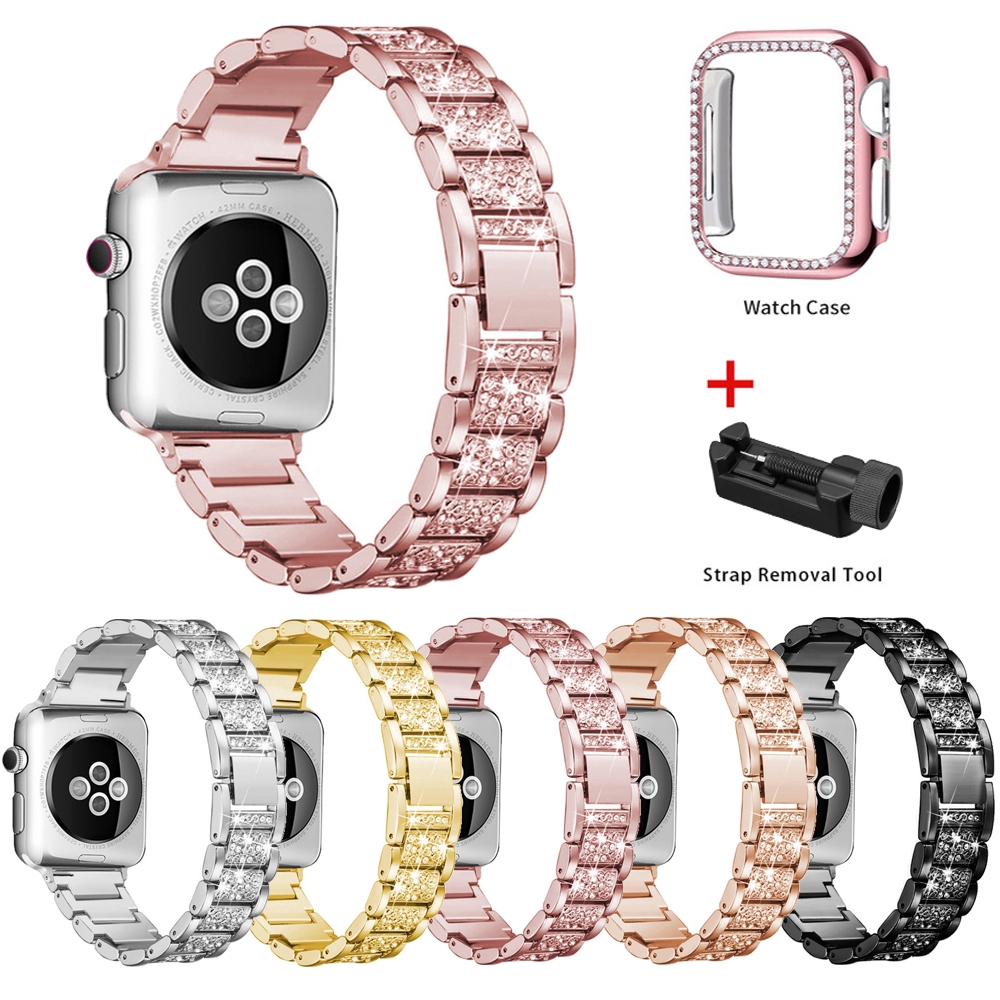 Dây đeo kim loại+vỏ bảo vệ mặt đồng hồ JANSIN đính kim cương cho Apple Watch 41mm 45mm 40mm 44mm series 7 6 SE 5 4