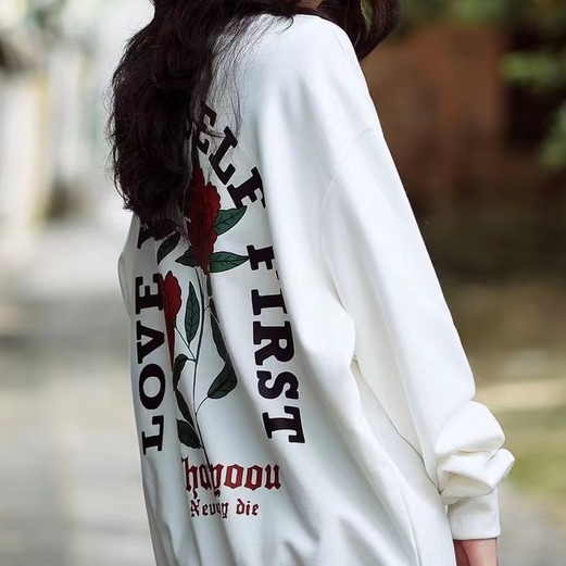 ZHELIHANGFEI Áo Hoodie Tay Dài Cổ Tròn Dáng Rộng In Hình Hoa Hồng Dễ Thương