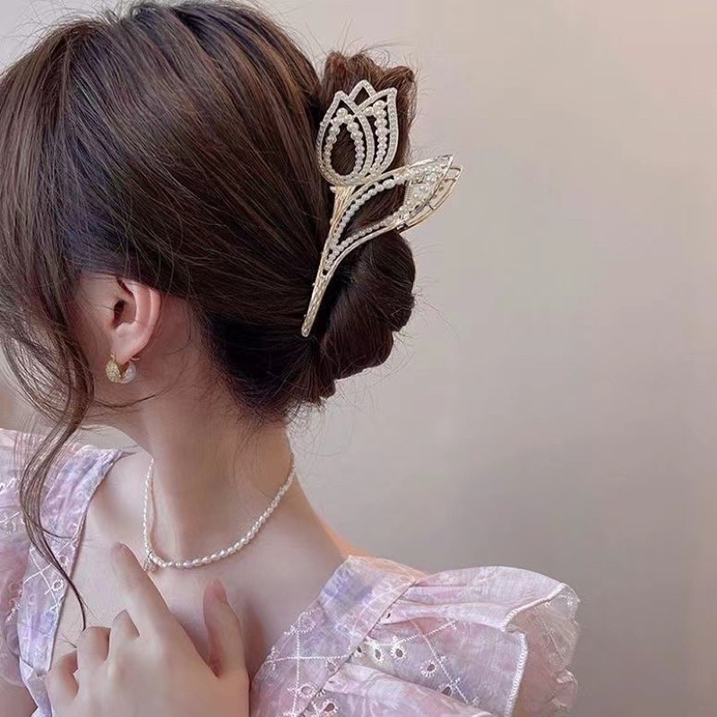 Kẹp tóc hoa Tulips tinh tế đính đá đính ngọc kẹp tóc sang trọng nữ tính sau đầu phong cách Hàn Quốc