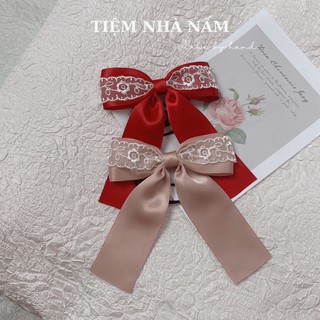 🎀 KẸP/ CỘT TÓC NƠ RIBBON PHỐI REN HOA TRẮNG - [ Nhà Nấm handmade]