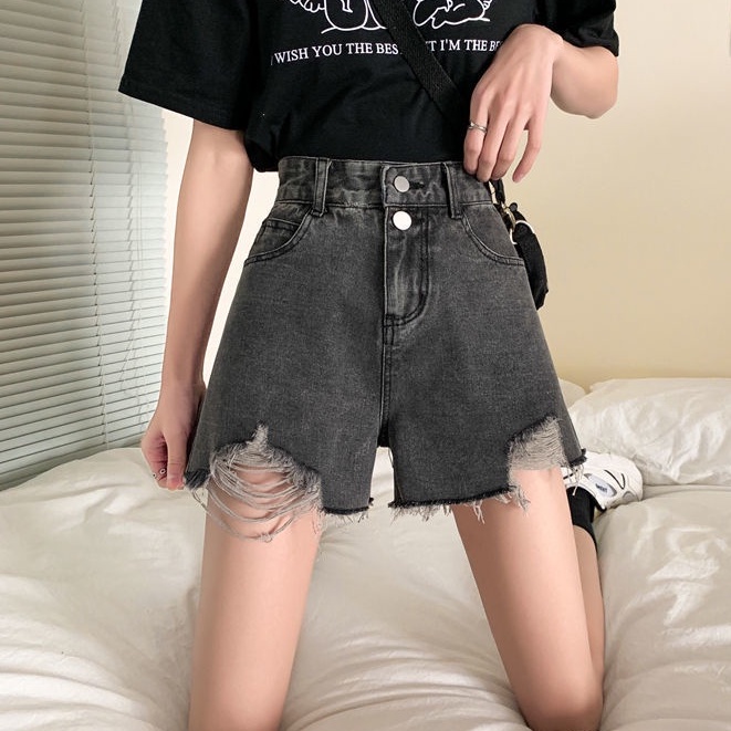 Quần Short Denim Lưng Cao Ống Rộng Phong Cách Hong Kong Cho Nữ