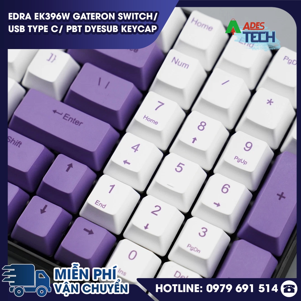Bàn phím cơ không dây Bluetooth EDRA EK396W Gateron Switch/ USB Type C/ PBT dyesub keycap chính hãng