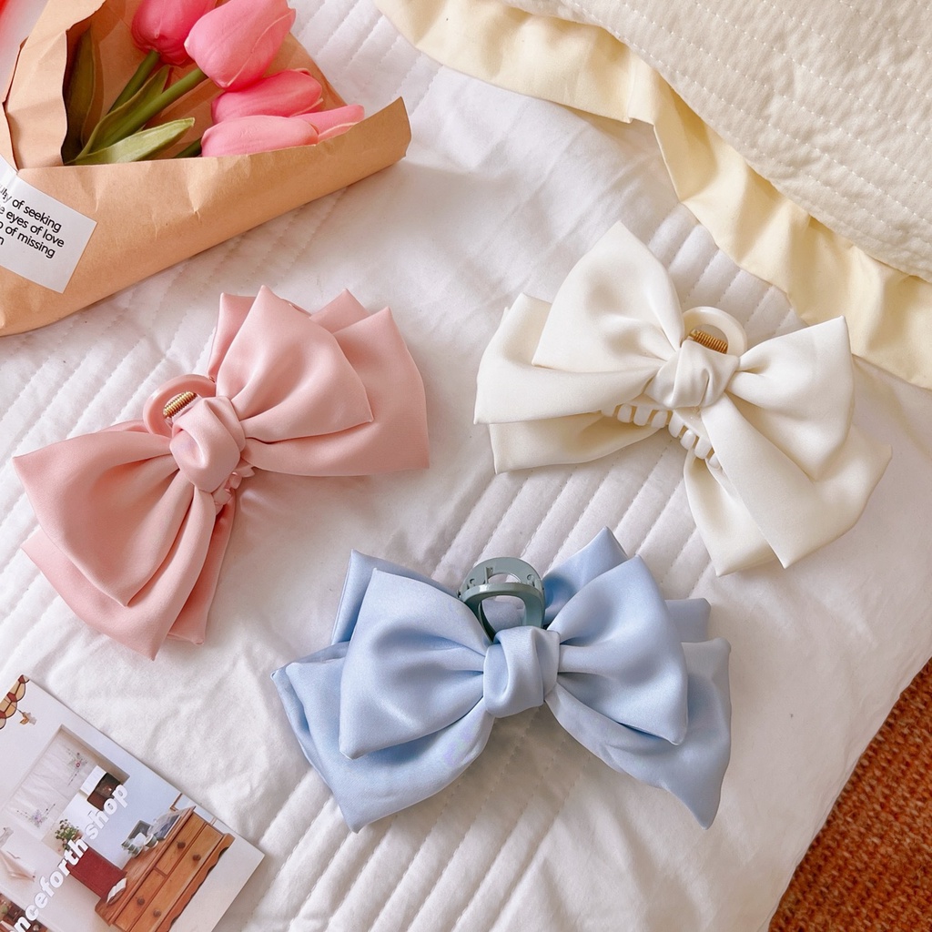 Kẹp Tóc Đuôi Cá Mập Bằng Satin Đính Nơ Sau Lưng Thiết Kế Đơn Giản Ngọt Ngào