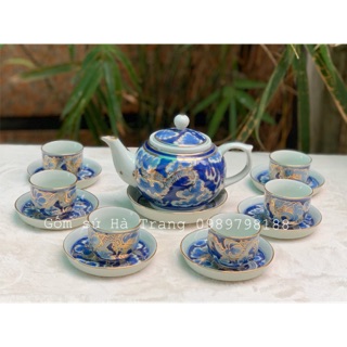 Bộ ấm chén Bát Tràng vẽ vàng 24K cao cấp hoạ tiết long ẩn
