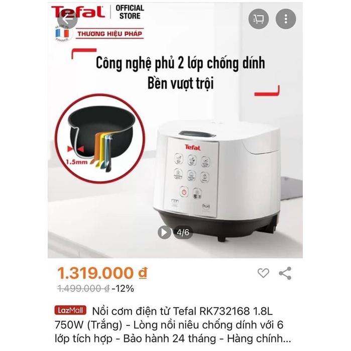 [ Xả kho] Nồi cơm điện tử Tefal RK732168 1.8L 750W 8 chương trình nấu công nghệ 3D nấu nhanh và giữ ấm lâu