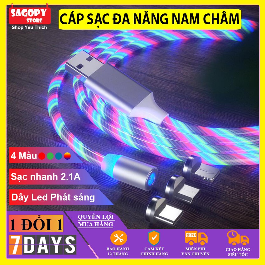 Dây Cáp Sạc Điện Thoại Đa Năng 2.1A có Nam Châm Có đèn Led cho Iphone ip Samsung Oppo giá rẻ hàng tốt như Hoco Anker