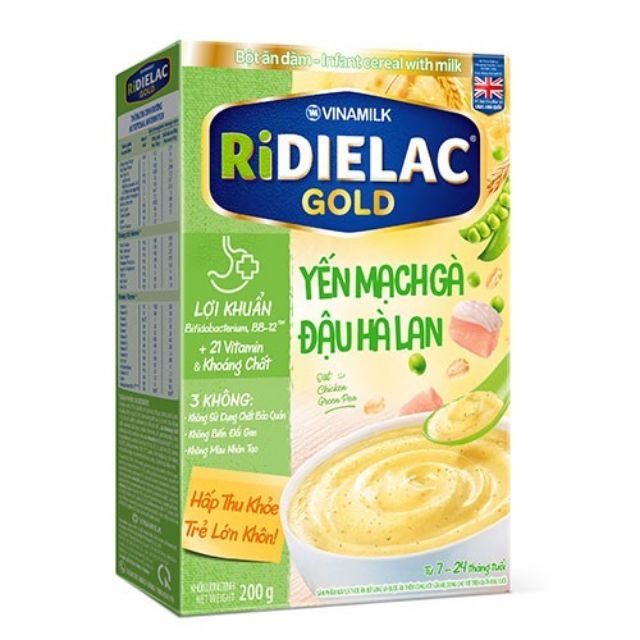 Bột ăn dặm RIDIELAC GOLD Yến mạch gà đậu hà lan - Hộp giấy 200g