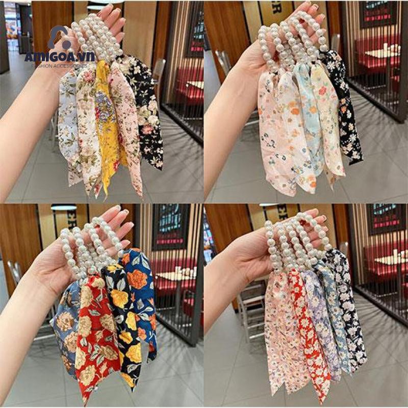 Dây Cột Tóc Thắt Nơ Họa Tiết Hoa Xinh Xắn