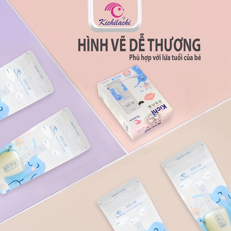 Túi Trữ Sữa Kichilachi 250ml- Cảm Biến Nhiệt Độ, Có Khóa Zip Chắc Chắn Chống Rò Rỉ