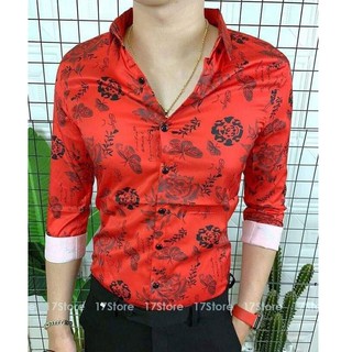 Áo Sơmi nam lụa cao cấp, áo sơ mi nam lụa hoạ tiết 3d hoa hồng đỏ,Áo sơ mi nam dài tay đẹp bo si