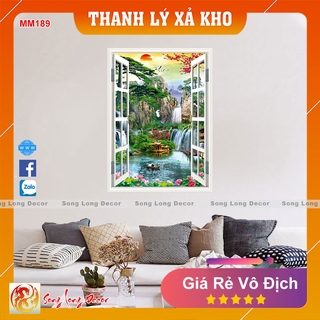 Tranh dán tường 3D Cửa sổ sơn thủy đứng -MM189- Tranh 3D Khổ Dọc- Song Long Decor