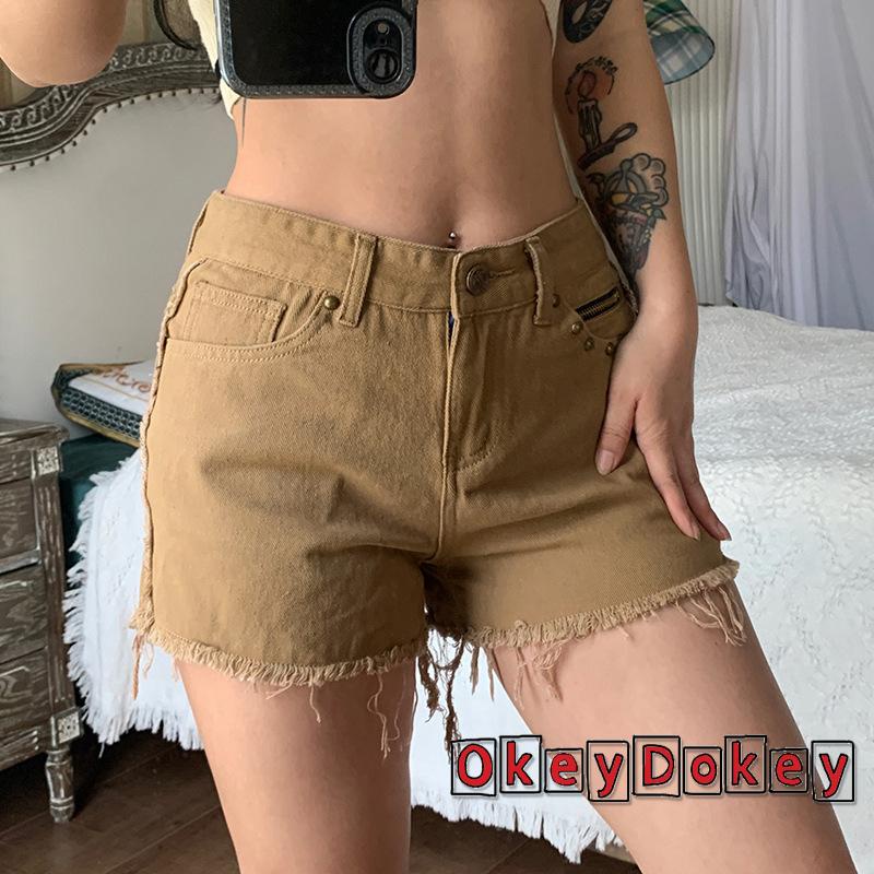 Quần Short Jogger Nữ y2k Kaki Lưng Thấp Tua Rua Vintage