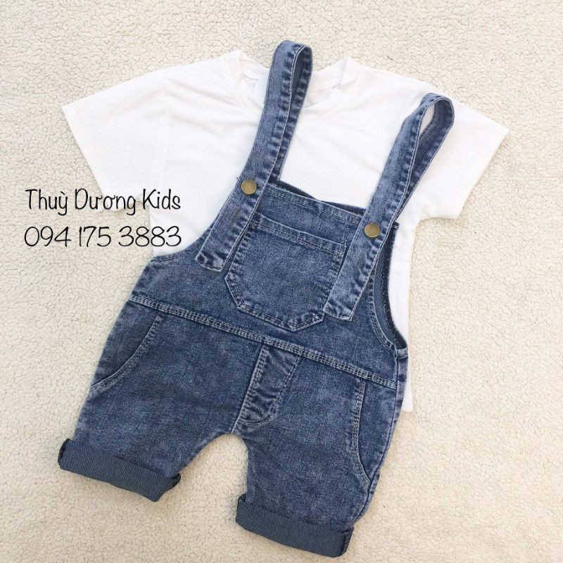 Yếm jean xanh kèm áo cotton trắng cho bé trai, bé gái 7-20kg